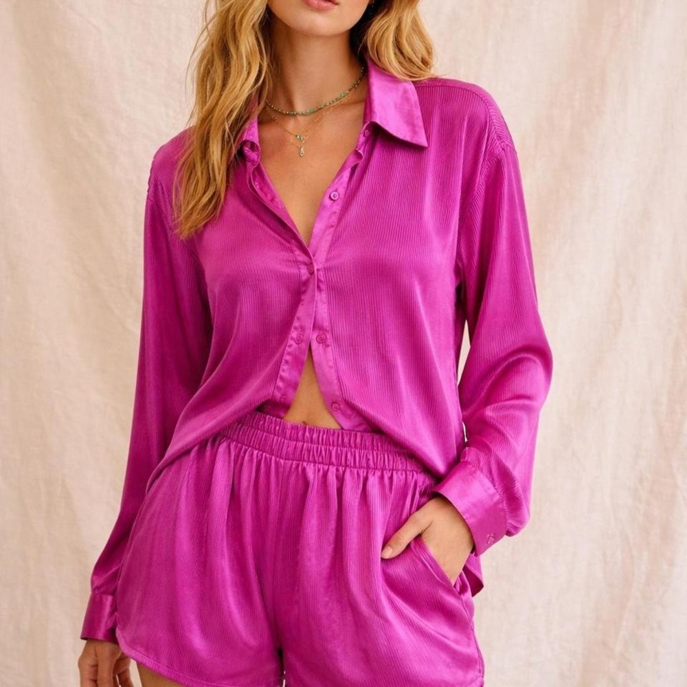 Pink button up shirt and matching shirt set ready for going out.   #satin like #